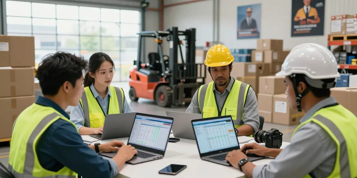 Equipe colaborando em terceirização logística em armazém moderno.