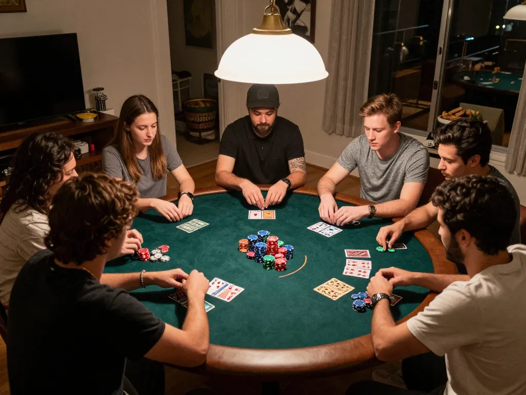 Friends enjoying a poker night at home, focusing on strategic gameplay and lc888 log betting techniques.
