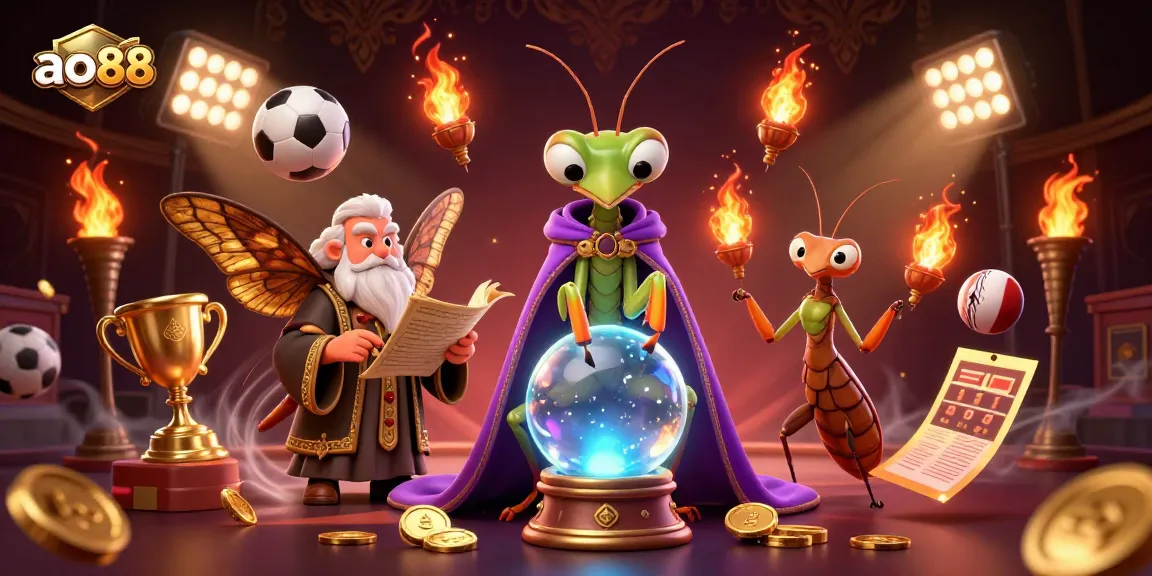 Engage with ao88's mystical fortune telling in a dynamic sports betting scene filled with gold coins and action.