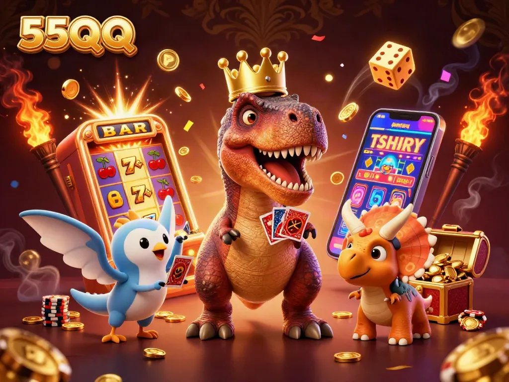 Experience exciting wins with fun characters and gambling elements in the 55QQ casino art.