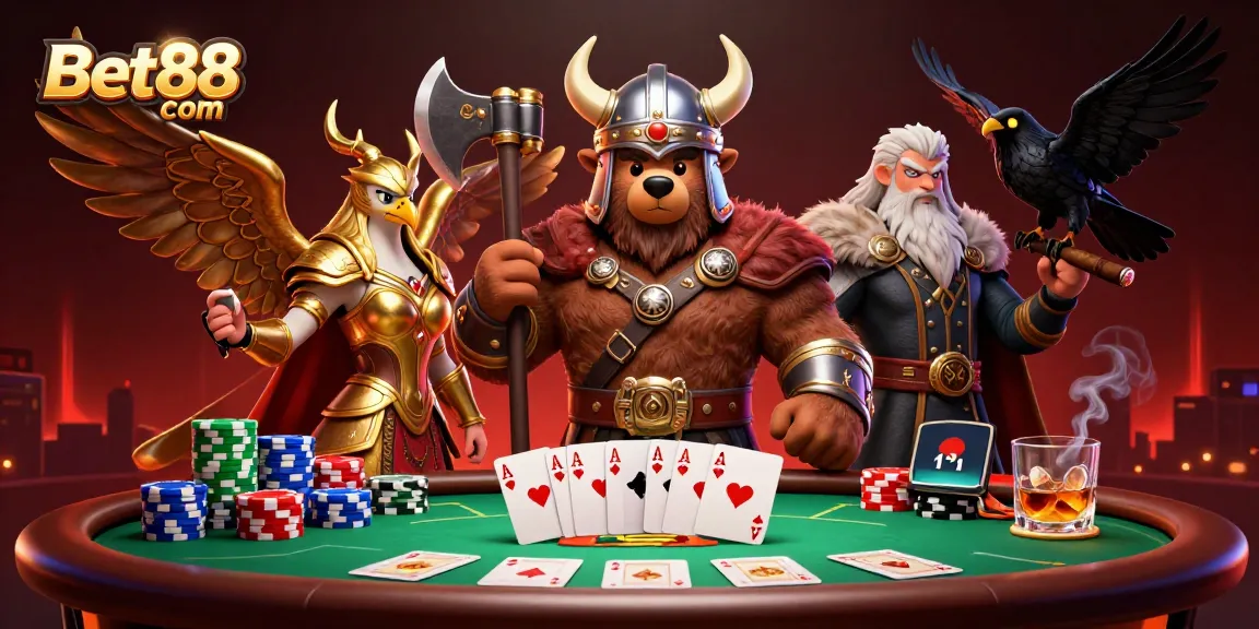 Experience the excitement of Bet88 com with a vibrant poker scene featuring characters and game elements.