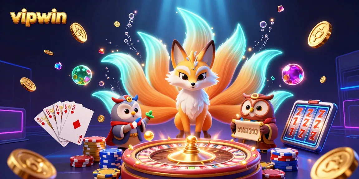 Engage in the thrilling atmosphere of vipwin with a colorful nine-tailed fox and wise owl amid sparkling casino elements.