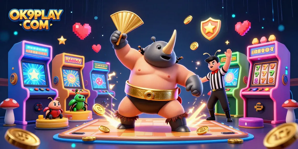 Engage with the thrilling gaming experience at OK9PLAY COM featuring a vibrant casino scene with characters and exciting game elements.