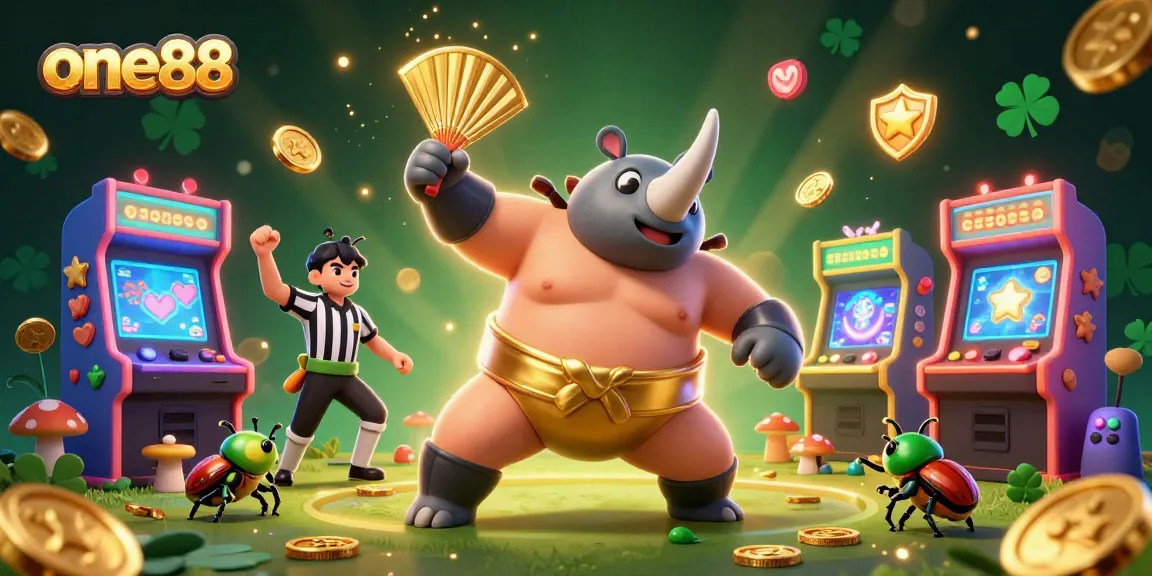 Experience thrilling bets at one88 with a dynamic scene of a beetle sumo champion and casino elements.