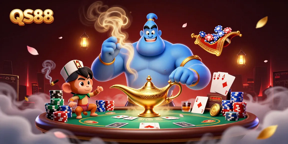 Experience the excitement of QS88 with a vibrant casino scene featuring a magical genie and poker chips.