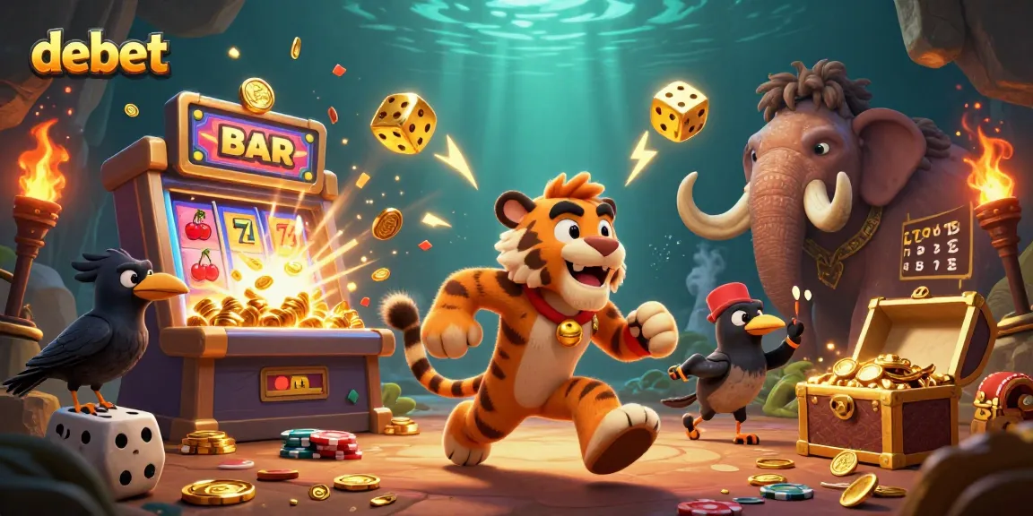 Debet casino illustration featuring a caveman and sabertooth tiger amidst vibrant gambling elements.