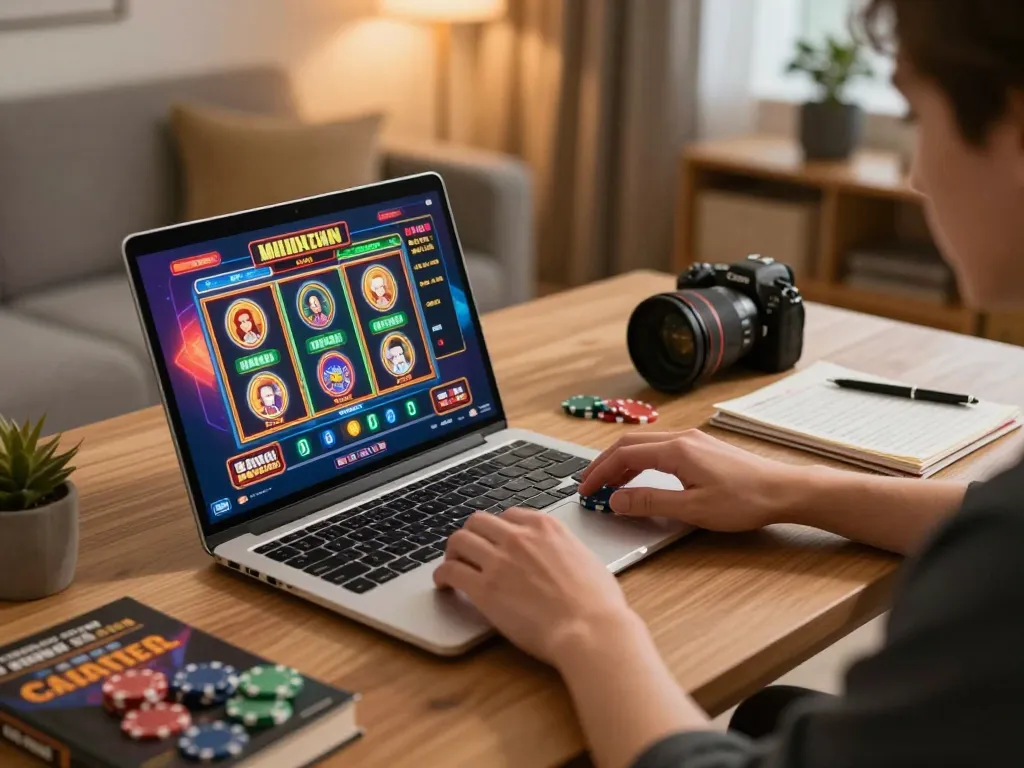 Player enjoying online gaming with 75W casino interface, cozy home setting