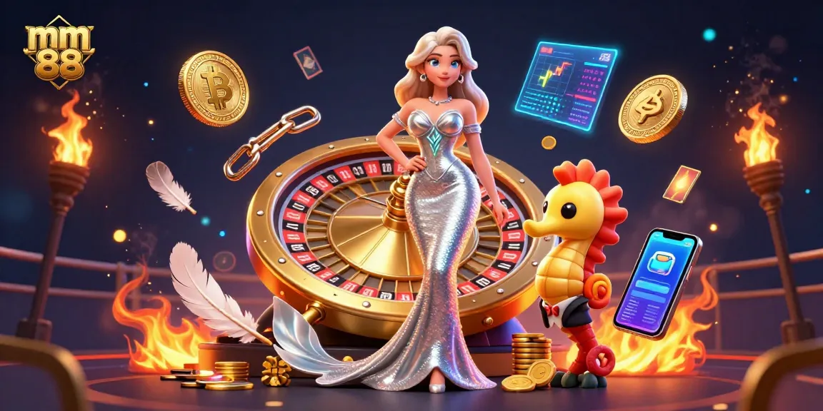 Engage with mm 88’s vibrant scene showcasing a high-stakes cockfighting experience amid dynamic casino elements.