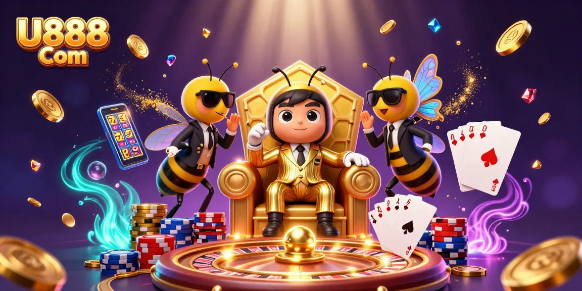 Win big with U888 Com in a vibrant casino scene full of animated characters and gaming elements.