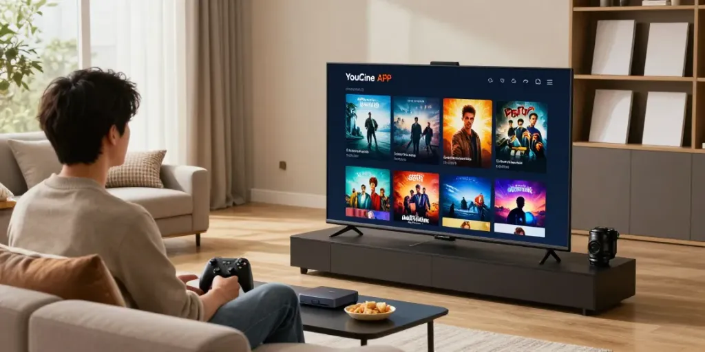 Interface do Youcine APK Versões Antigas em uma sala moderna, em um ambiente aconchegante com luz natural.