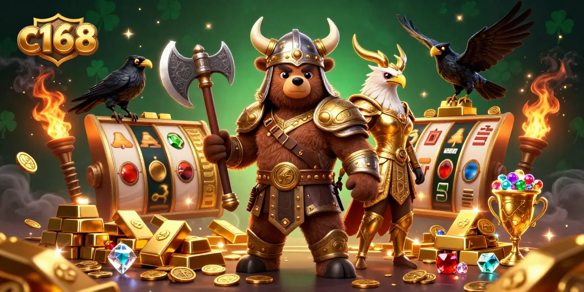 Experience thrilling gameplay at c168 with bears and eagles amidst treasures and slot reels.