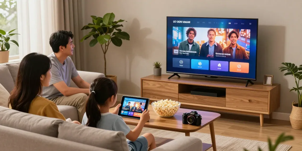 Família desfrutando de IPTV no conforto da sala de estar, com TV mostrando conteúdo vibrante.
