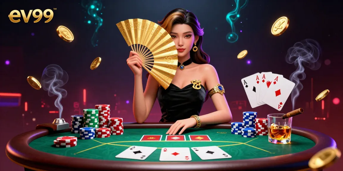 Experience thrilling poker action at ev99 with a captivating female dealer surrounded by colorful casino elements.