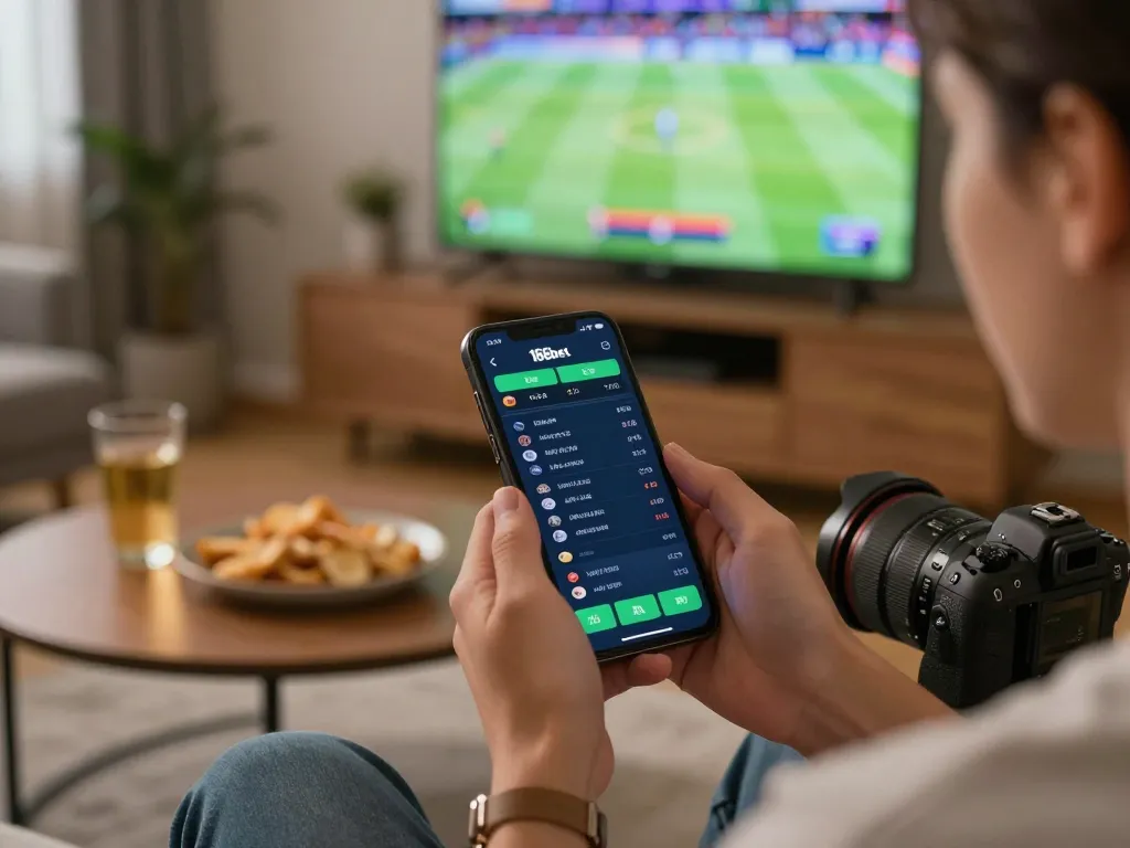 Apostas esportivas envolventes com o aplicativo 166bet em um smartphone em um ambiente aconchegante de sala de estar.