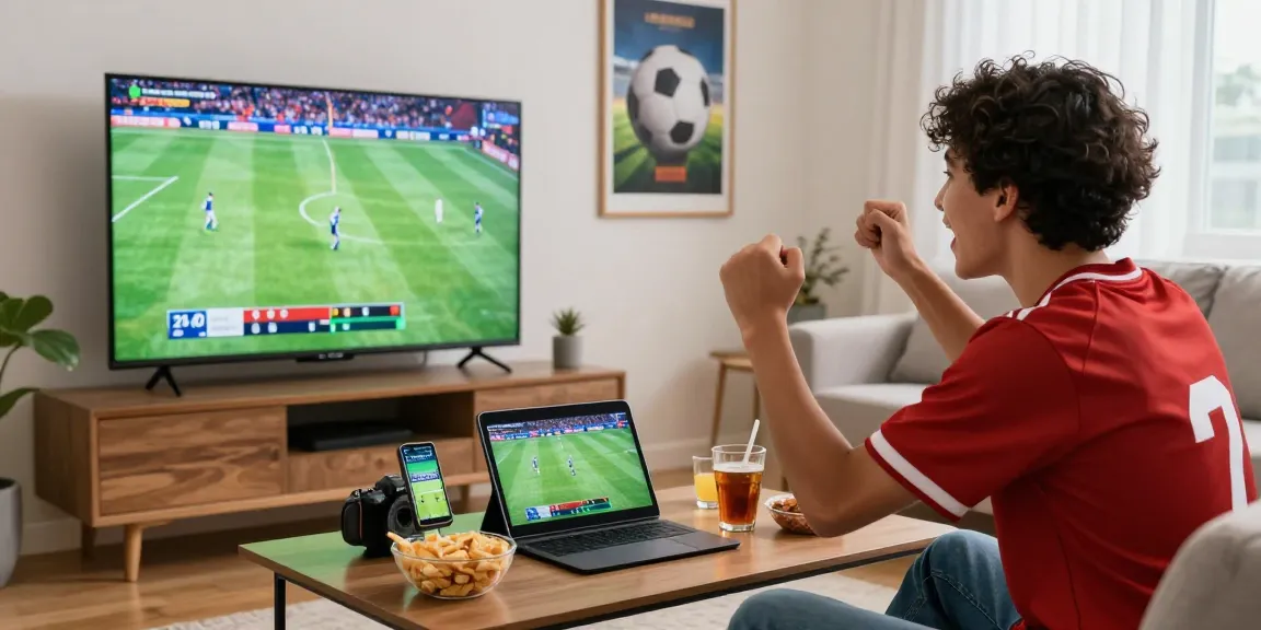 Excited fan enjoying live football on Multicanais with multiple devices in a vibrant home setting.
