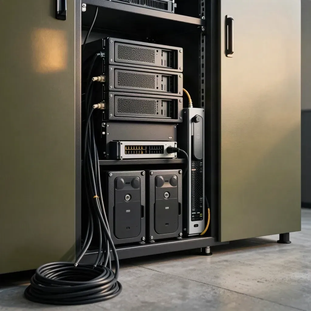 Torre de backup isolada, firewall e drives redundantes em sala técnica escura com luz dramática.