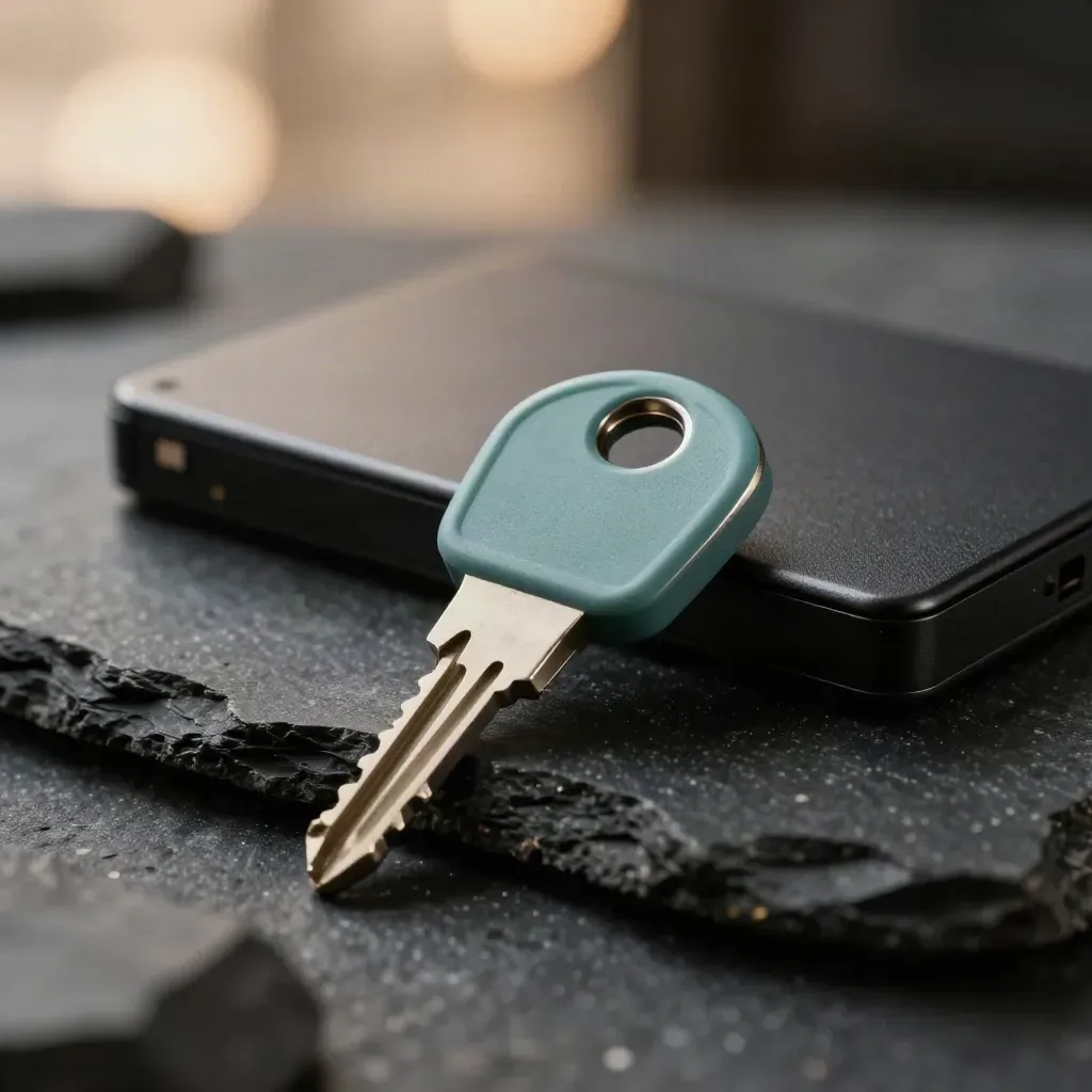 Selo inviolável, chave de segurança e SSD criptografado sobre pedra preta, em macro.