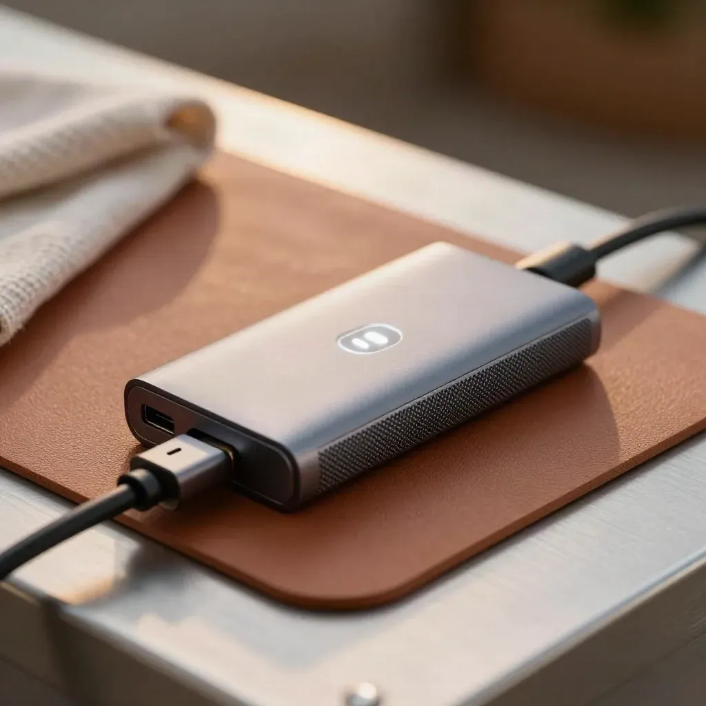 Hub USB-C, disco externo e LED de diagnóstico sobre tapete neutro em macro detalhado.