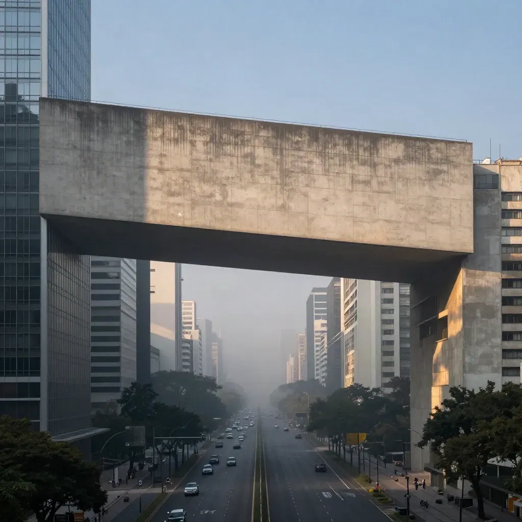 Vista elevada da Avenida Paulista ao entardecer, com o MASP alto e a avenida envolta em névoa.