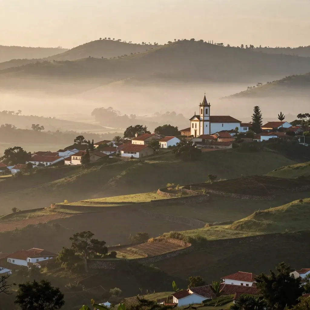 Serra de Minas ao amanhecer, neblina sobre telhados coloniais e torre de igreja.