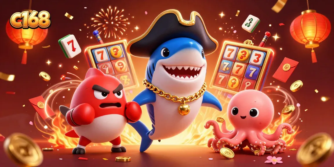 Experience thrilling gaming at c168 with a pirate shark and friends amid vibrant casino elements.