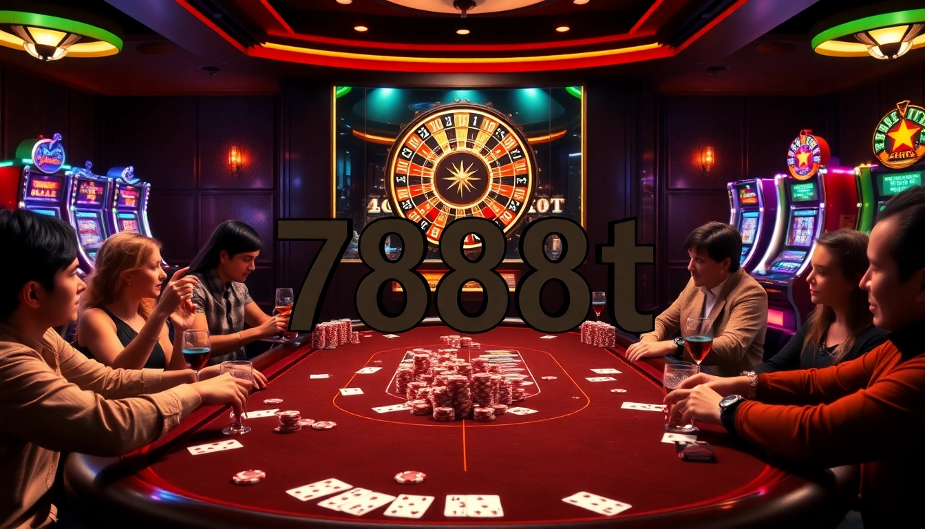 High-stakes poker at a casino with vibrant decor featuring 788t branding.