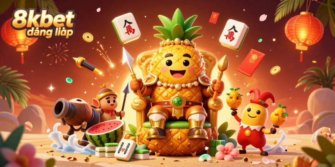 Bet on 8xbet đăng nhập with a vibrant beach casino scene featuring the golden pineapple king and his guards.