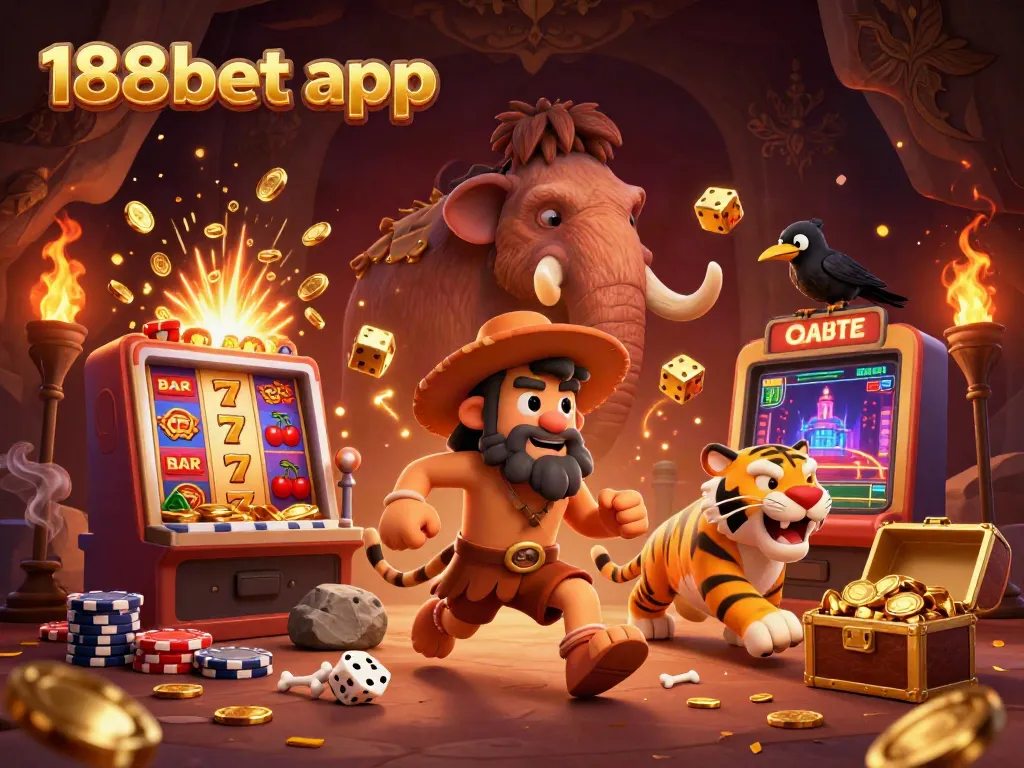 Experience the excitement of the 188bet app with a dynamic prehistoric casino scene filled with gold and games.