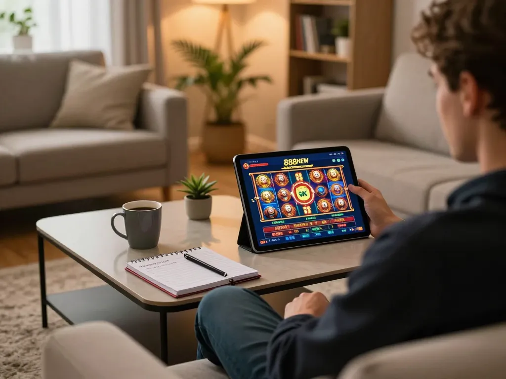 Enjoying an online gaming experience with 888NEW on a cozy home sofa while tracking bets and strategies.