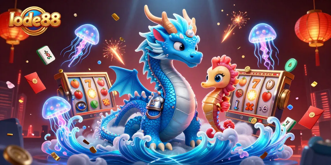 Experience thrilling slots at lode88 with an azure dragon, seahorse knight, and vibrant casino elements.