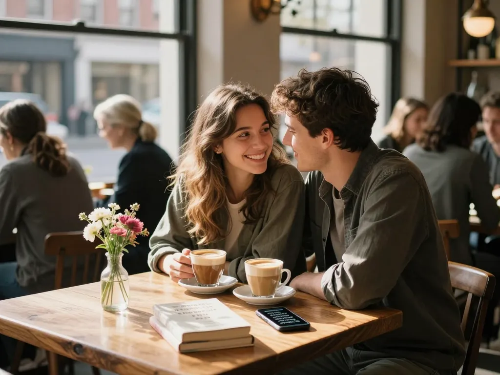 Young couple enjoying coffee while having a crush on each other in a cozy café.