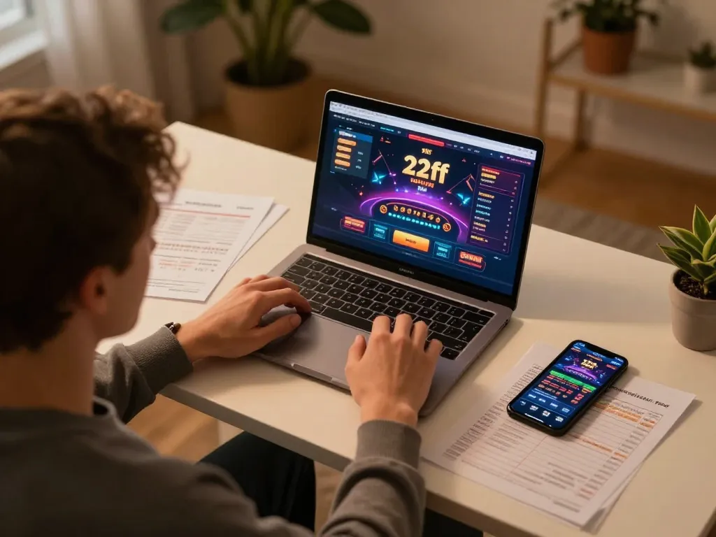 Engaging in a strategic 22ff online casino session at home, with gameplay visible on laptop and notes on betting strategies.