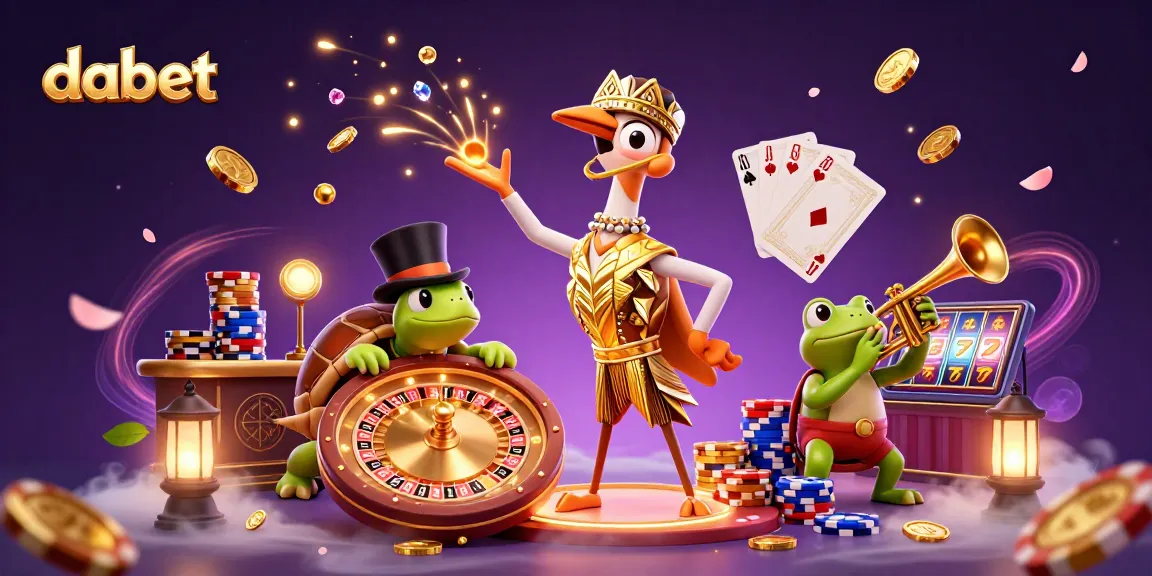dabet showcases a vibrant speakeasy scene with a glitzy crane, turtle, and frog amidst cascading coins and cards.