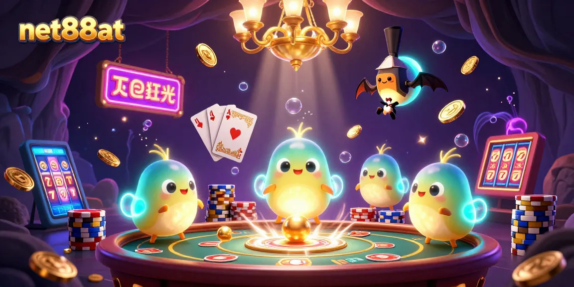 Experience thrilling gaming at net88at's vibrant 3D casino with glowing characters and exciting elements.