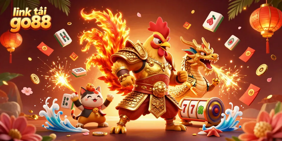 Experience the excitement of link tải go88 with this dynamic illustration showcasing a rooster warrior and dragon hatchling in a vibrant casino environment.