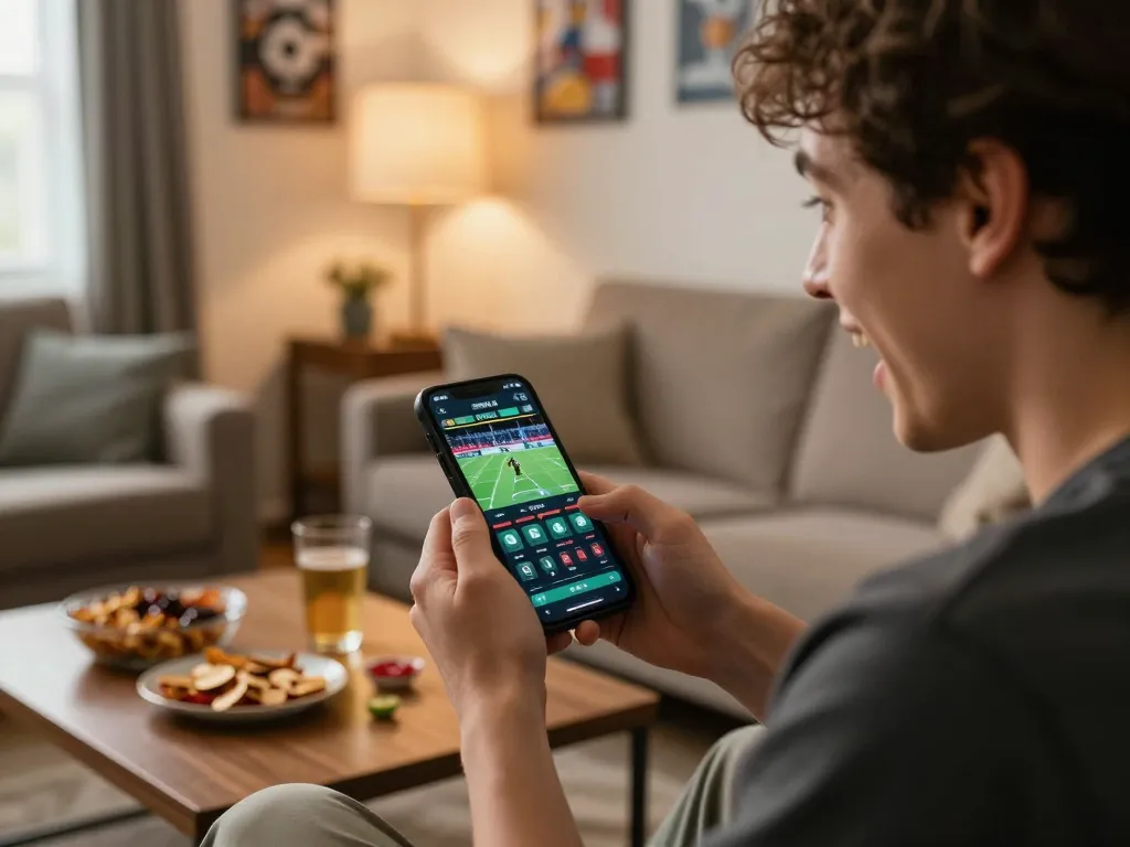 Engaging in live betting on smartphone with 789betss in a cozy home setting filled with sports memorabilia