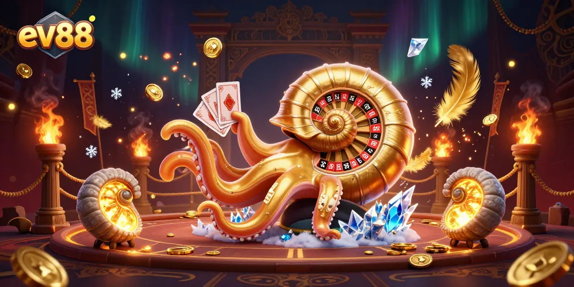 Experience the excitement of ev88 with a vibrant 3D casino illustration featuring a nautilus roulette wheel and glowing companions.