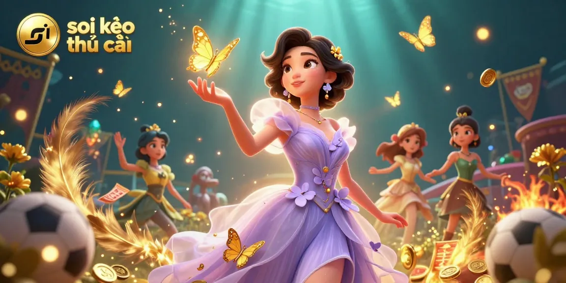 Soi kèo nhà cái showcases dynamic sports betting elements with an ethereal Asian woman and golden features.