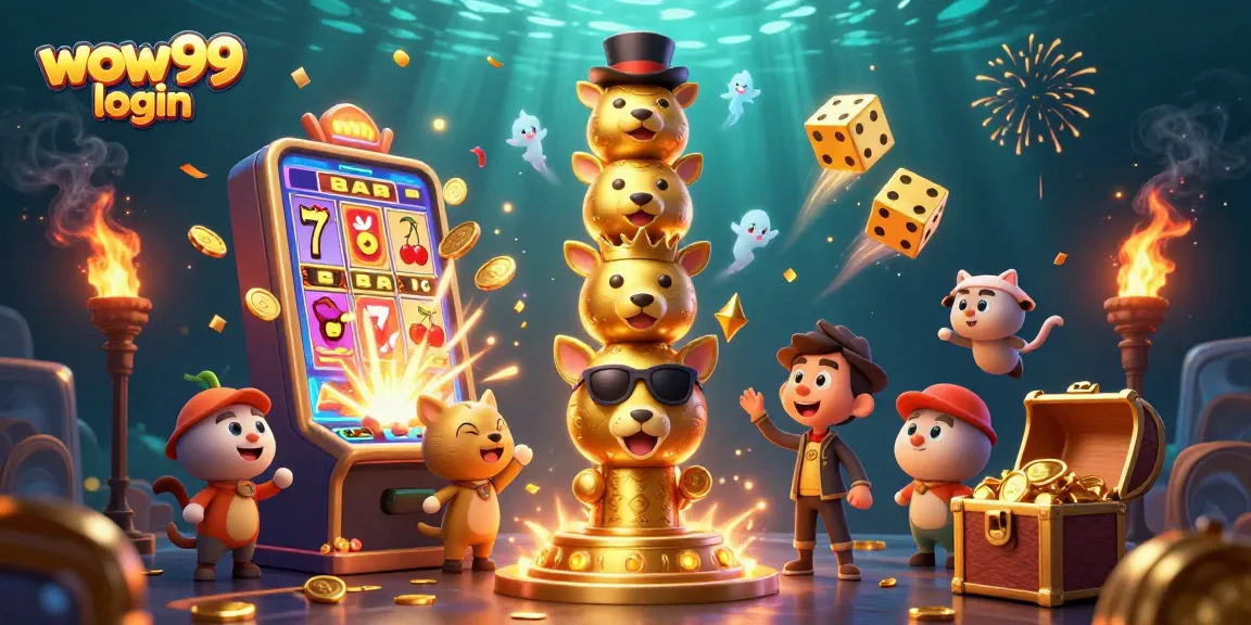 Menyelami dunia WOW99 login dengan totem emas kartun, slot jackpot, dan elemen kasino menarik lainnya.