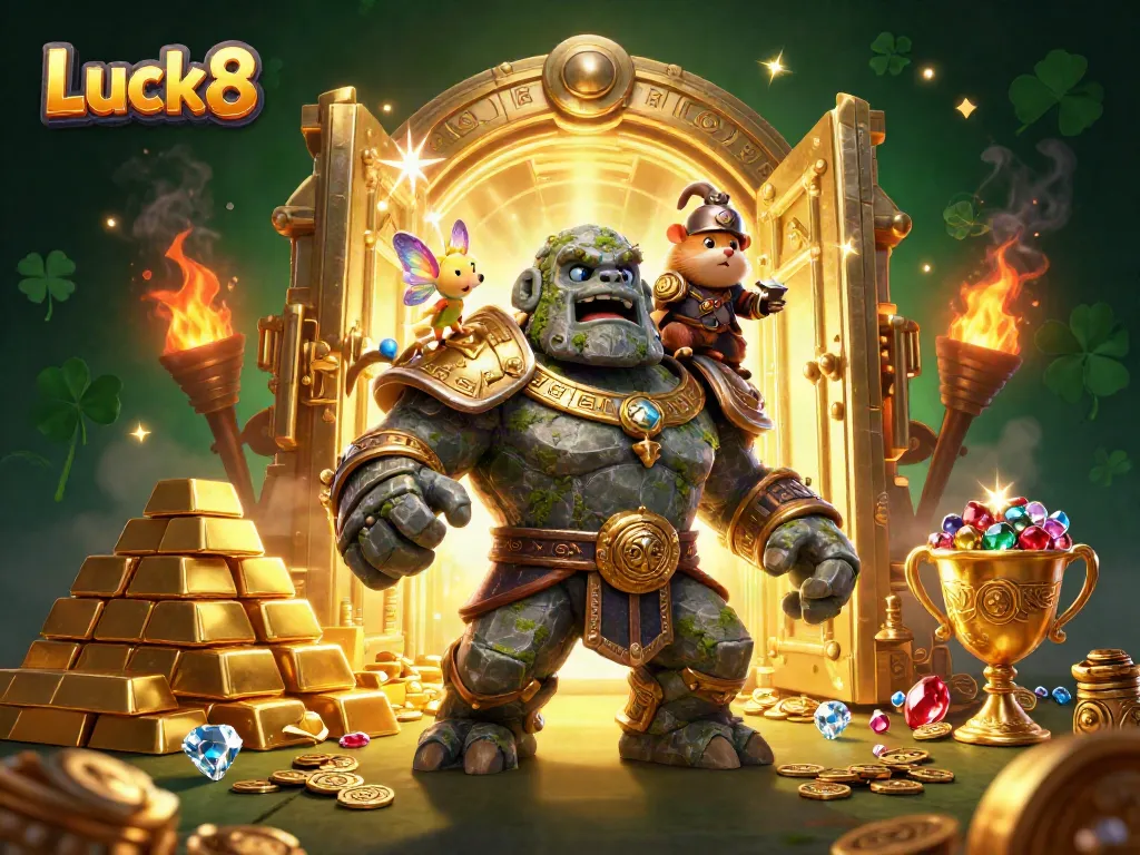 Luck8 offers an enchanting illustration featuring a golem guardian with a hamster knight, surrounded by rich casino treasures.