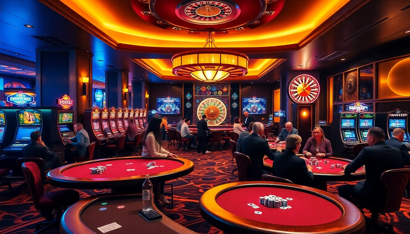 Experience the thrill of go8 gaming in a vibrant casino atmosphere with poker tables and slot machines.