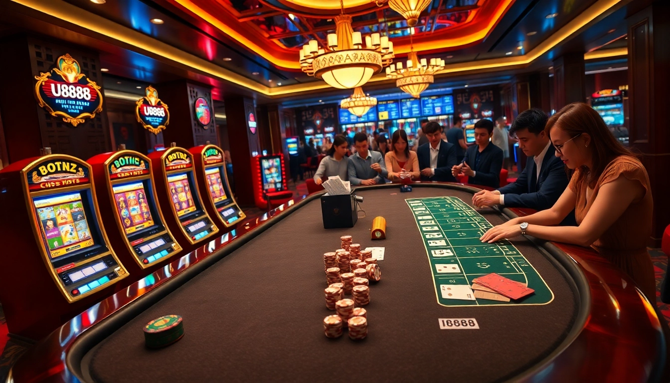 Exciting casino scene with u8888 logo, showcasing vibrant slot machines and professional gaming tables.