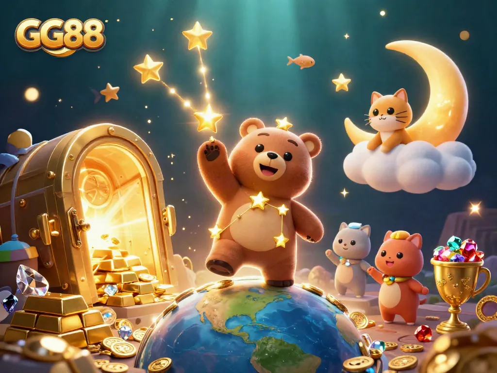 GG88 captures players' attention with vibrant 3D casino elements and treasure visuals for an engaging gambling experience.