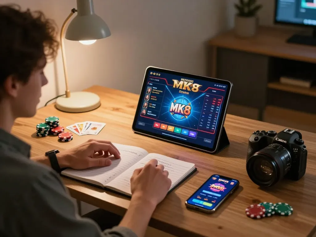 Player engaging with MK8 online casino game on tablet in a cozy home setup, representing strategic gaming moments.