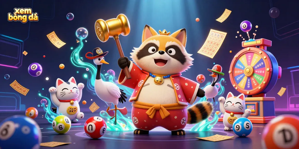 Experience xem bóng đá with cheerful characters and rich casino elements in a dynamic 3D illustration.