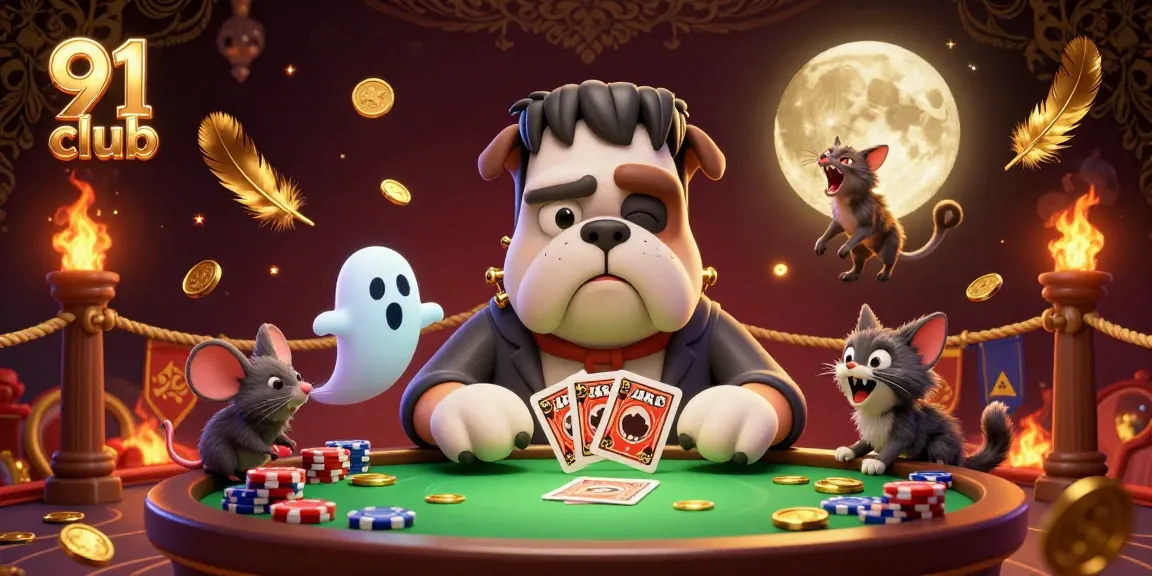 Engage with the 91 club casino experience as a cartoon bulldog deals cards surrounded by vibrant gaming elements.