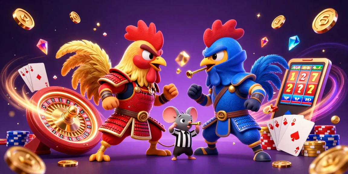 Engage with thrilling gameplay featuring ea88's dynamic duel between roosters in a colorful casino scene.
