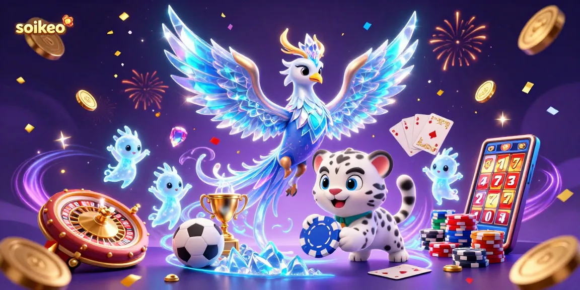 Place bets with soikeo in a vibrant scene of an ice phoenix and playful sprites amid golden coins.