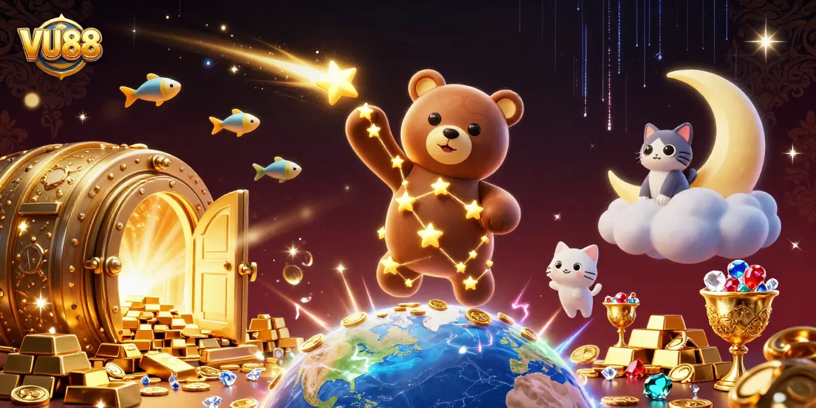 VU88 transforms gameplay with an enchanting constellation bear gathering coins, displaying vibrant casino elements.