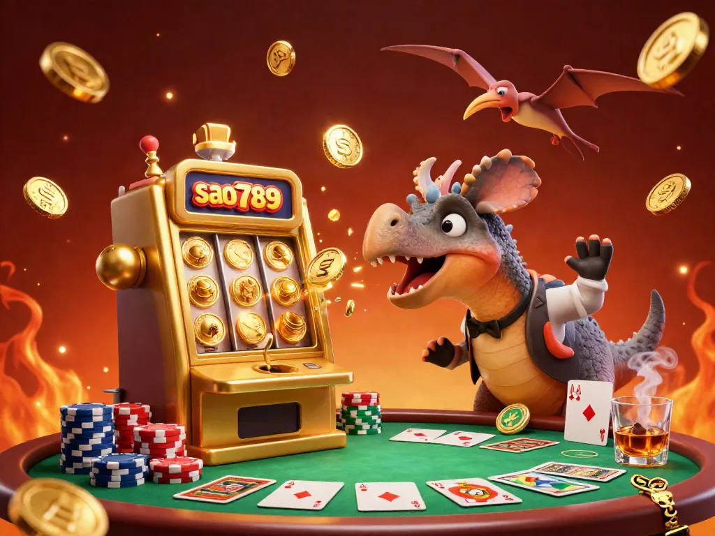 Experience the thrilling action of sao789 as a pachycephalosaurus interacts with a golden slot machine, embodying casino excitement.